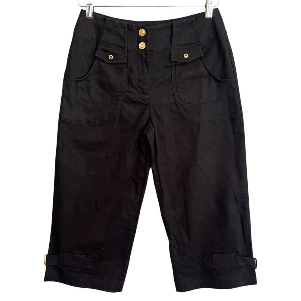 St John Sport Wide Leg Capri Pants Womens 2 Black Gold Old Money Equestrian Chic